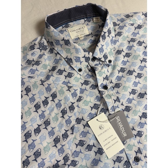 Construct Other - Construct Slim Fit 4 Way Stretch Mens XL NWT. White Fish Print Button Down SS